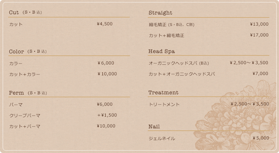 Cut ¥5,250／Color¥6,300～／Perm¥5,250～／Straight¥13,650～